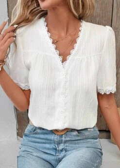 V Neck Patchwork White Short Sleeve Blouse -Rosewe Promotion Store 331053 P 16833404577314