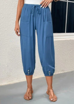 Pocket Blue Elastic Waist High Waisted Jogger Pants -Rosewe Promotion Store 331063 P 16831819831854