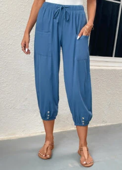 Pocket Blue Elastic Waist High Waisted Jogger Pants -Rosewe Promotion Store 331063 P 16831819834972