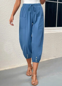Pocket Blue Elastic Waist High Waisted Jogger Pants