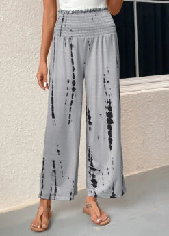 Graffiti Print Smocked Grey Elastic Waist Pants