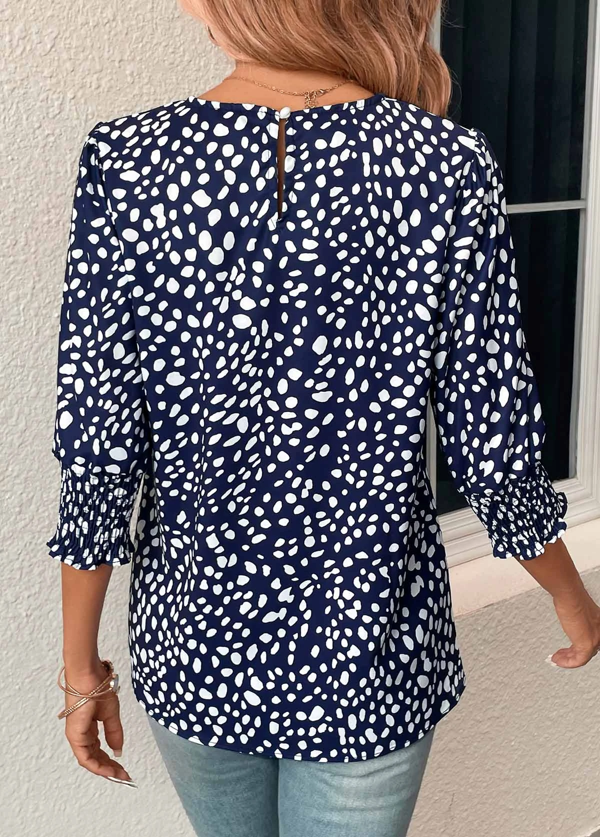 Polka Dot Button Navy Round Neck Blouse 4 Polka Dot Button Navy Round Neck Blouse - Image 2