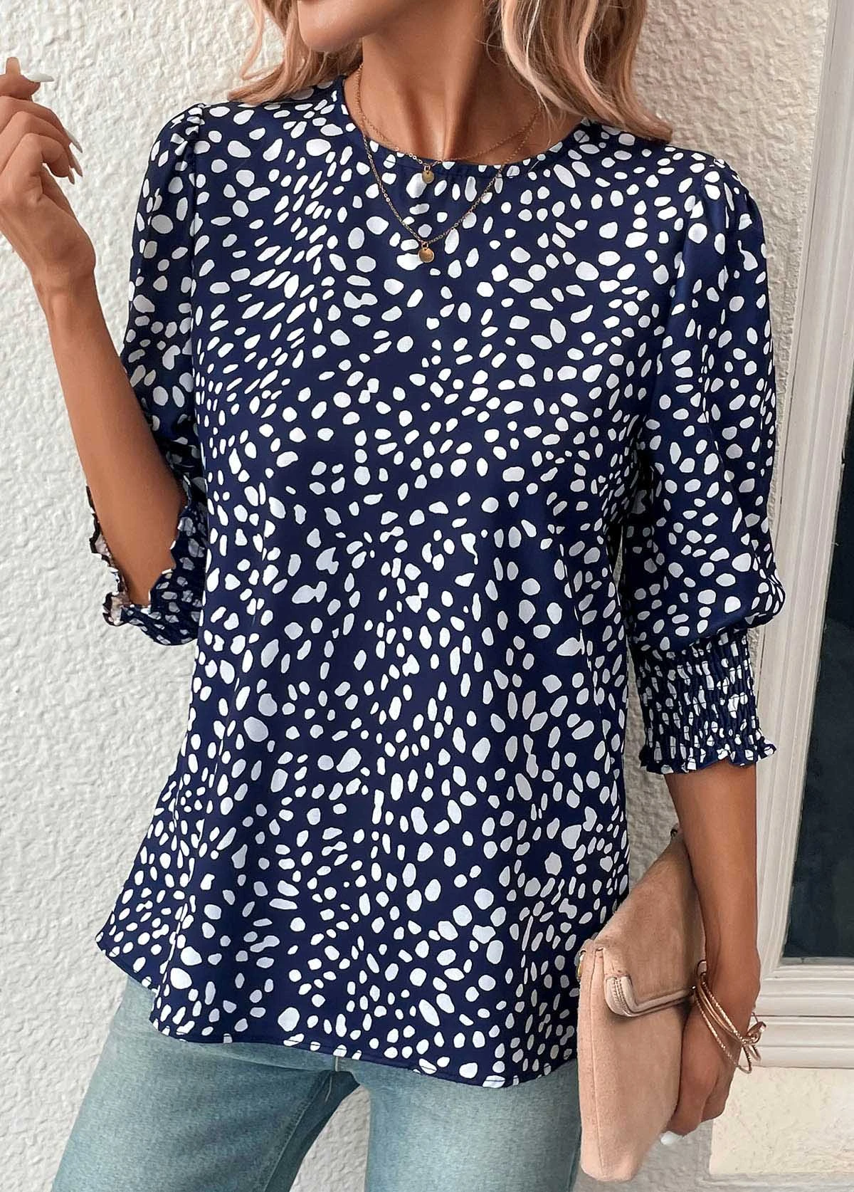 Polka Dot Button Navy Round Neck Blouse 5 Polka Dot Button Navy Round Neck Blouse - Image 3