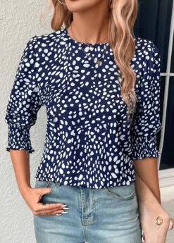 Polka Dot Button Navy Round Neck Blouse 12 Polka Dot Button Navy Round Neck Blouse -Rosewe Promotion Store 331079 P 16831818245234