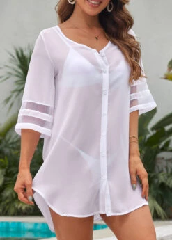 Mesh Stitching Button White Cover Up