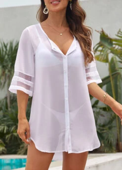 Mesh Stitching Button White Cover Up -Rosewe Promotion Store 331083 P 16823255247502