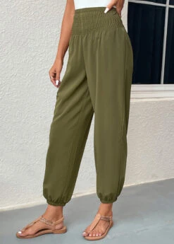 Regular Smocked Blackish Green Elastic Waist Pants -Rosewe Promotion Store 331093 P 16831820554633