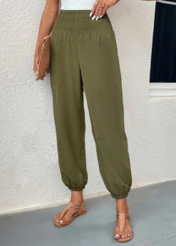 Regular Smocked Blackish Green Elastic Waist Pants -Rosewe Promotion Store 331093 P 16831820554904