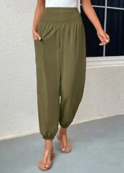 Regular Smocked Blackish Green Elastic Waist Pants -Rosewe Promotion Store 331093 P 16831820555612