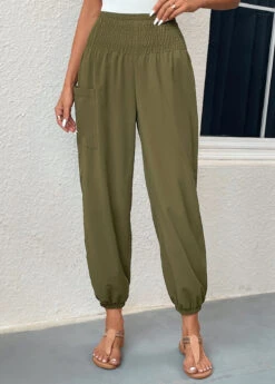 Regular Smocked Blackish Green Elastic Waist Pants