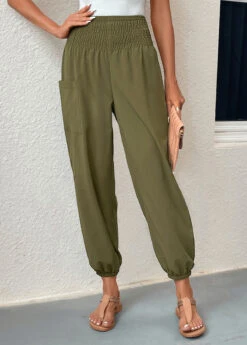 Regular Smocked Blackish Green Elastic Waist Pants -Rosewe Promotion Store 331093 P 16831820558455