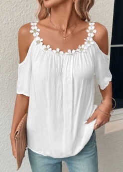 Patchwork White Scoop Neck Cold Shoulder Blouse 10 Patchwork White Scoop Neck Cold Shoulder Blouse -Rosewe Promotion Store 331096 P 16831820218212