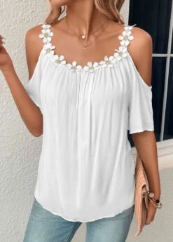 Patchwork White Scoop Neck Cold Shoulder Blouse