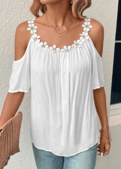 Patchwork White Scoop Neck Cold Shoulder Blouse 11 Patchwork White Scoop Neck Cold Shoulder Blouse -Rosewe Promotion Store 331096 P 16831820219173