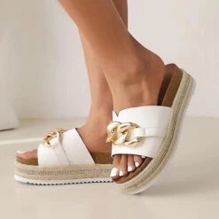 Open Toe Low Heel White Sliders