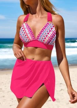 Hot Pink Mid Waisted Geometric Print Circular Ring Bikini Set -Rosewe Promotion Store 331196 P 1680774126735