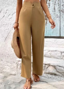 Button Detail Light Camel High Waisted Pants