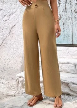 Button Detail Light Camel High Waisted Pants -Rosewe Promotion Store 331268 P 1680769478405