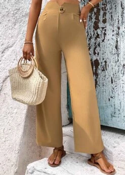 Button Detail Light Camel High Waisted Pants -Rosewe Promotion Store 331268 P 1680769478543