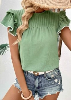 Patchwork Round Neck Light Green T Shirt -Rosewe Promotion Store 331269 P 1680769499603