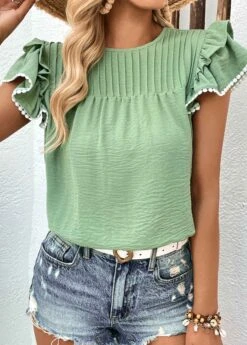 Patchwork Round Neck Light Green T Shirt -Rosewe Promotion Store 331269 P 1680769499847