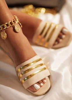 Striped Beige Open Toe Falt Sliders