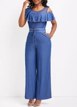 Denim Blue Ankle Length Round Neck Ruffle Jumpsuit -Rosewe Promotion Store 331361 P 16832836473202