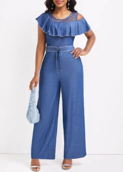 Denim Blue Ankle Length Round Neck Ruffle Jumpsuit -Rosewe Promotion Store 331361 P 16832836479073