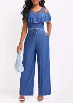 Denim Blue Ankle Length Round Neck Ruffle Jumpsuit
