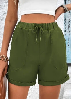 Olive Green Drawastring High Waisted Pocket Shorts
