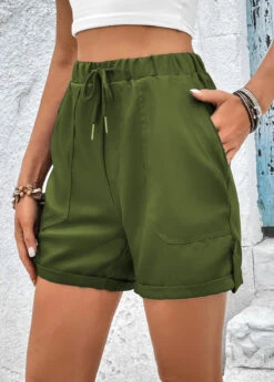 Olive Green Drawastring High Waisted Pocket Shorts -Rosewe Promotion Store 331383 P 16811751284002
