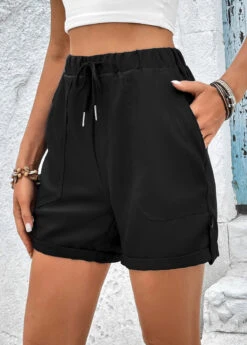 Black Drawastring High Waisted Pocket Shorts -Rosewe Promotion Store 331385 P 16811237271832