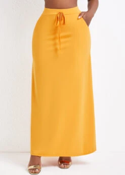 Pocket Ginger A Line Drawastring Maxi Skirt