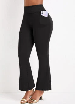 Elastic Waist Pocket Black Flare Leg Pants