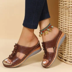 Dark Camel Floral Open Toe Mid Heel Sliders