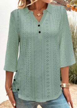 Button 3/4 Sleeve Green Shirt Collar Blouse