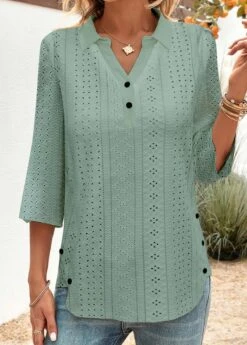 Button 3/4 Sleeve Green Shirt Collar Blouse -Rosewe Promotion Store 331522 P 1681210586647