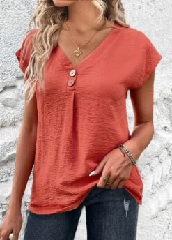 Button Lightweight Coral V Neck Blouse