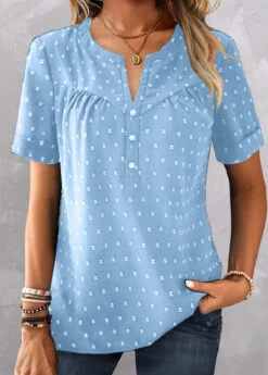 Plus Size Sky Blue Button Short Sleeve Blouse