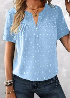 Plus Size Sky Blue Button Short Sleeve Blouse -Rosewe Promotion Store 331527 P 1681210913185