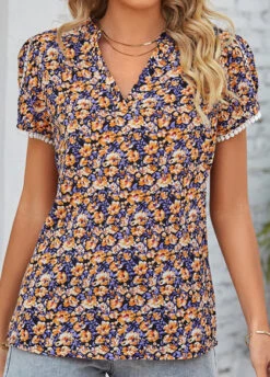 Ditsy Floral Print Patchwork Multi Color Blouse