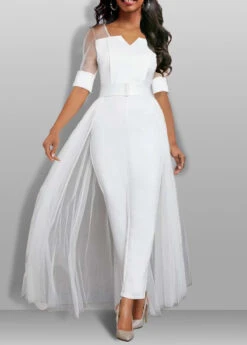 Lightweight White Ankle Length Split Neck Jumpsuit
