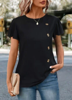 Black Round Neck Short Sleeve Button T Shirt