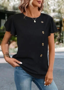 Black Round Neck Short Sleeve Button T Shirt -Rosewe Promotion Store 331665 P 1681289021451 1