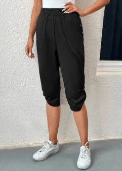 High Waisted Pocket Black Jogger Elastic Waist Pants -Rosewe Promotion Store 331675 P 16833772892402