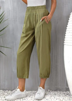 Regular Pocket Olive Green Elastic Waist Pants -Rosewe Promotion Store 331693 P 16838778967202