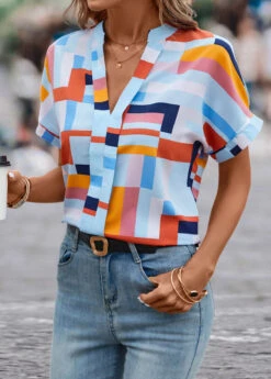 Geometric Print Lightweight Multi Color Split Neck Blouse -Rosewe Promotion Store 331698 P 16831998480255