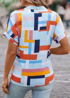 Geometric Print Lightweight Multi Color Split Neck Blouse -Rosewe Promotion Store 331698 P 16831998488781