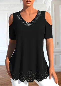 Burn Out Printing V Neck Black T Shirt