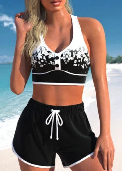 Black High Waisted Floral Print Criss Cross Bikini Set